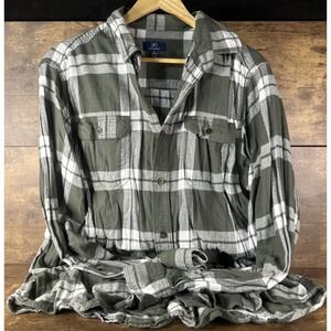 George Men's Size XL Flannel Shirt Long Sleeve Button Up Gray/White/Green Clean